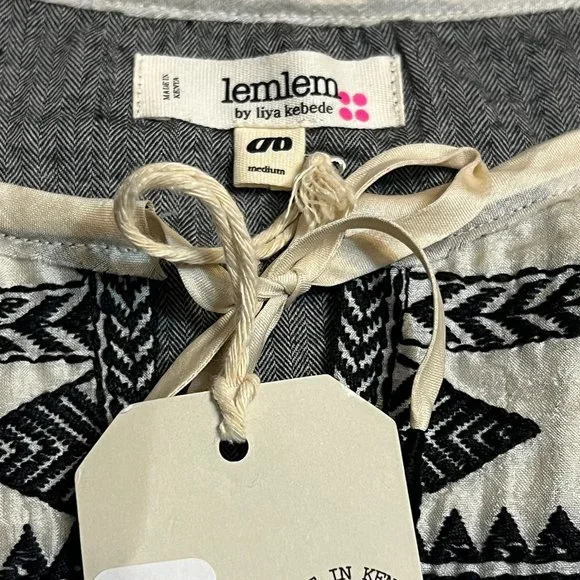 NWT Lemlem Women's Top Grey Ivory Long Sleeve Size Medium Blouse Silk - Picture 4 of 7